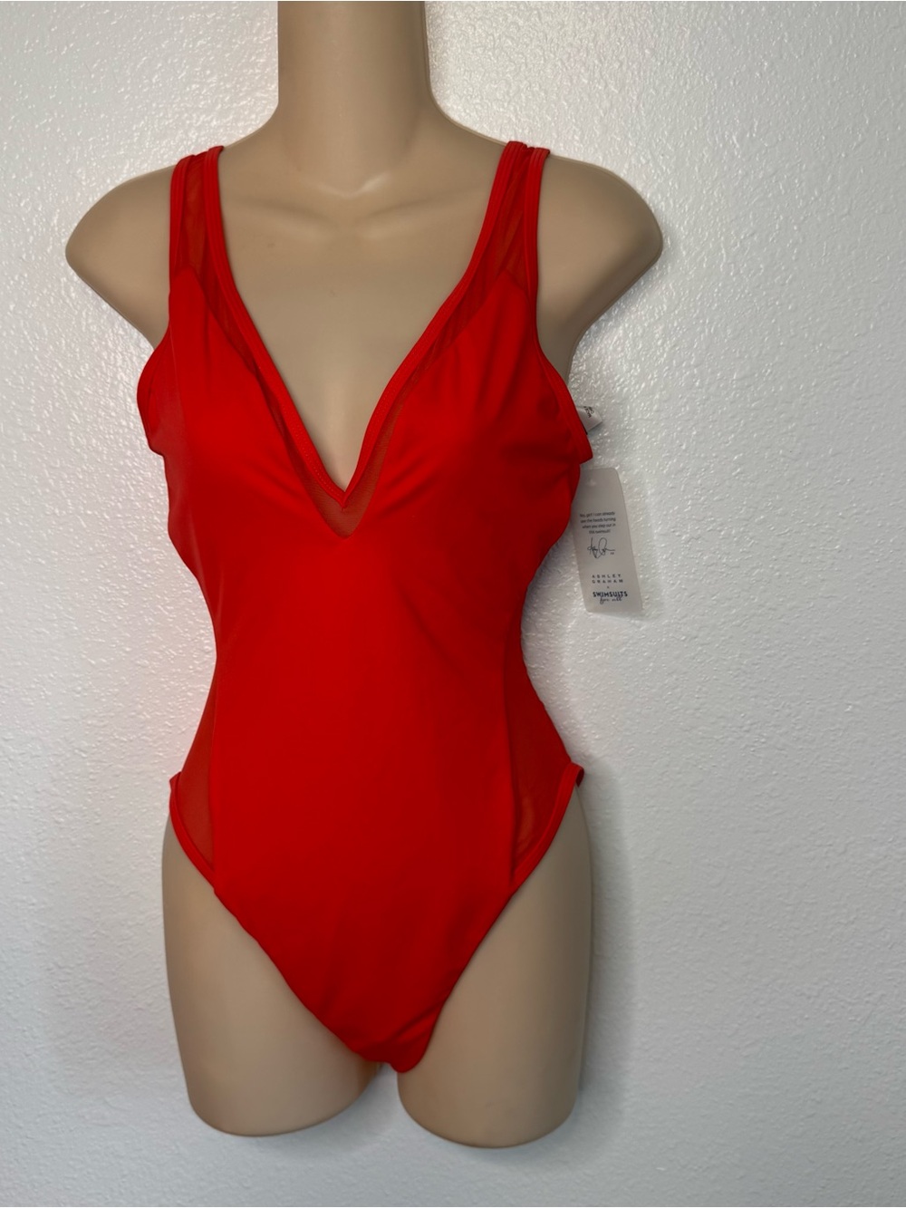 NWT Ashley Graham Red Swimsuits for All size 8 Sexy Mesh One Piece Plunge Neck
